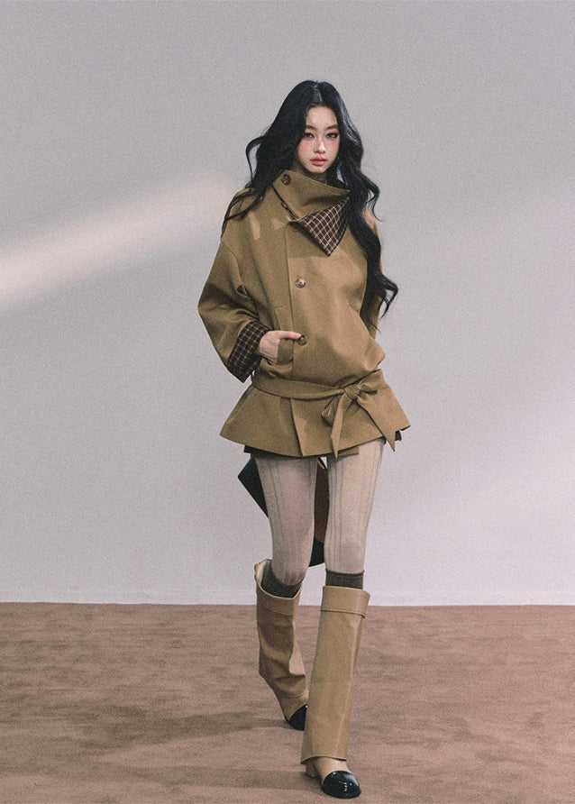 plaid trench coat women, stand collar trench coat, french style coat women, british style blazer coat, oversized autumn coat women, plaid lined jacket, korean fashion coat, loose fit trench coat, fall winter outerwear women, double breasted coat women, chic plaid trim coat, high neck trench jacket