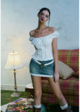 White Lace Tank & Denim Skirt Set with Waist Design