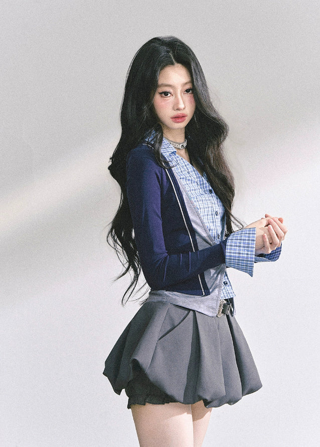 korean fake two piece top, british prep style knit, korean long sleeve polo top, seoul fashion top women, korean streetwear chic outfit, slim fit preppy top women, british college inspired blouse, korean hot girl street fashion, plaid accent layered top, korean fall outfit long sleeve, slim waist design top, trendy korean autumn top, korean aesthetic fashion, london prep chic top, korean fashion two piece illusion blouse