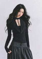 sexy drape top, fake two piece top, mesh layered top, baddie aesthetic top, pure desire outfit, korean fashion top, korean streetwear women, chic black top, white drape top, fall fashion women, trendy women's tops, clubwear top, elegant draped blouse, gothic chic top, long sleeve sexy top, cut out neckline top, Y2K baddie style, womens fall tops 2025, korean american fashion, off shoulder style top