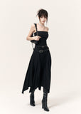Black strapless midi dress with an asymmetric pleated skirt and wide PU belt