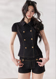 black denim set women, denim two piece set, structured denim outfit, double breasted top women, summer co ord set women, black short set outfit, modern minimalist outfit women, tailored denim set, chic summer outfit women, city style outfit women, fashion forward set women, clean line outfit women, edgy minimal fashion, elevated casual outfit, trendy denim set women