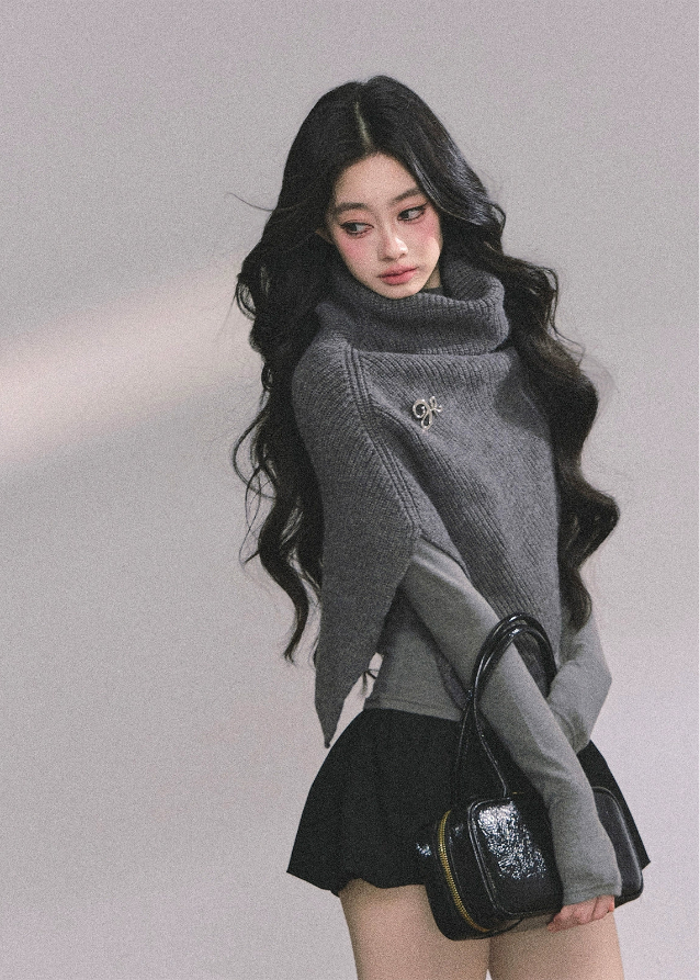 french knit shawl, turtleneck knit cape, women's autumn knit tops, fall winter knitted shawl, korean street style knit top, elegant french style sweater, draped knit poncho, cozy turtleneck wrap, chic knit cloak sweater, layered knit shawl for women, fall fashion tops women, kawaii korean knitwear, oversized knit wrap top, soft wool knit cape, trendy knitted fall tops