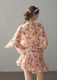 Pink floral chiffon mini dress with long sleeves