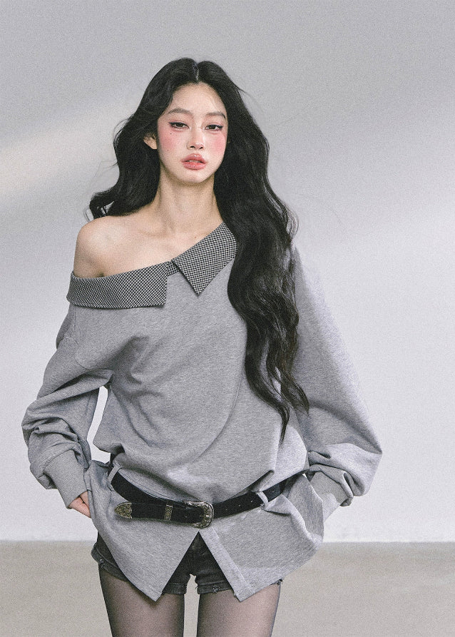 off shoulder sweatshirt women
asymmetric sweatshirt top
plaid trim sweatshirt
korean streetwear sweatshirt
american college style top
loose fit gray pullover women
slimming off shoulder top
fall fashion sweatshirt women
casual chic sweatshirt
korean american fashion top
oversized gray sweatshirt
trendy off shoulder sweater