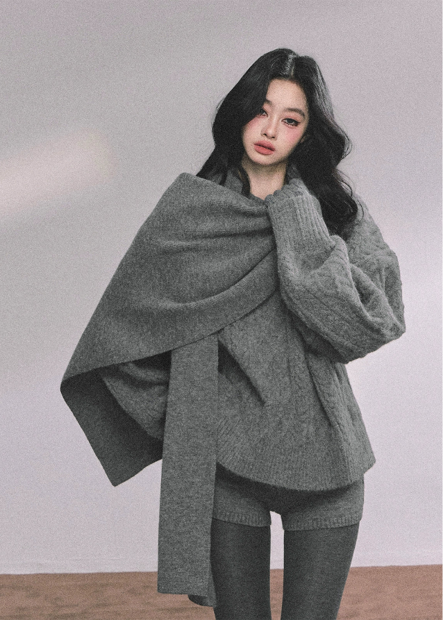 knit set, 3 piece knit set, cable knit sweater, cable knit shorts, knit scarf set, winter knit outfit, cozy knit loungewear, Korean style knit set, Korean fashion knitwear, oversized sweater set, fall winter knitwear, casual knit matching set, warm knitted outfit women, street style knit set, French chic knitwear, soft knit sweater, knit shorts outfit, scarf sweater set women, aesthetic knit outfit