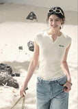 aomalm top, lace hem baby tee, faux layered t-shirt, korean feminine top, american casual top, waist cinching tee, slim summer top, letter embroidered top, lace trim t-shirt, commuter summer top, cropped fitted tee, feminine korean fashion