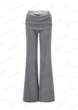 Grey lace-trim flare pants with ruched fold-over waistband