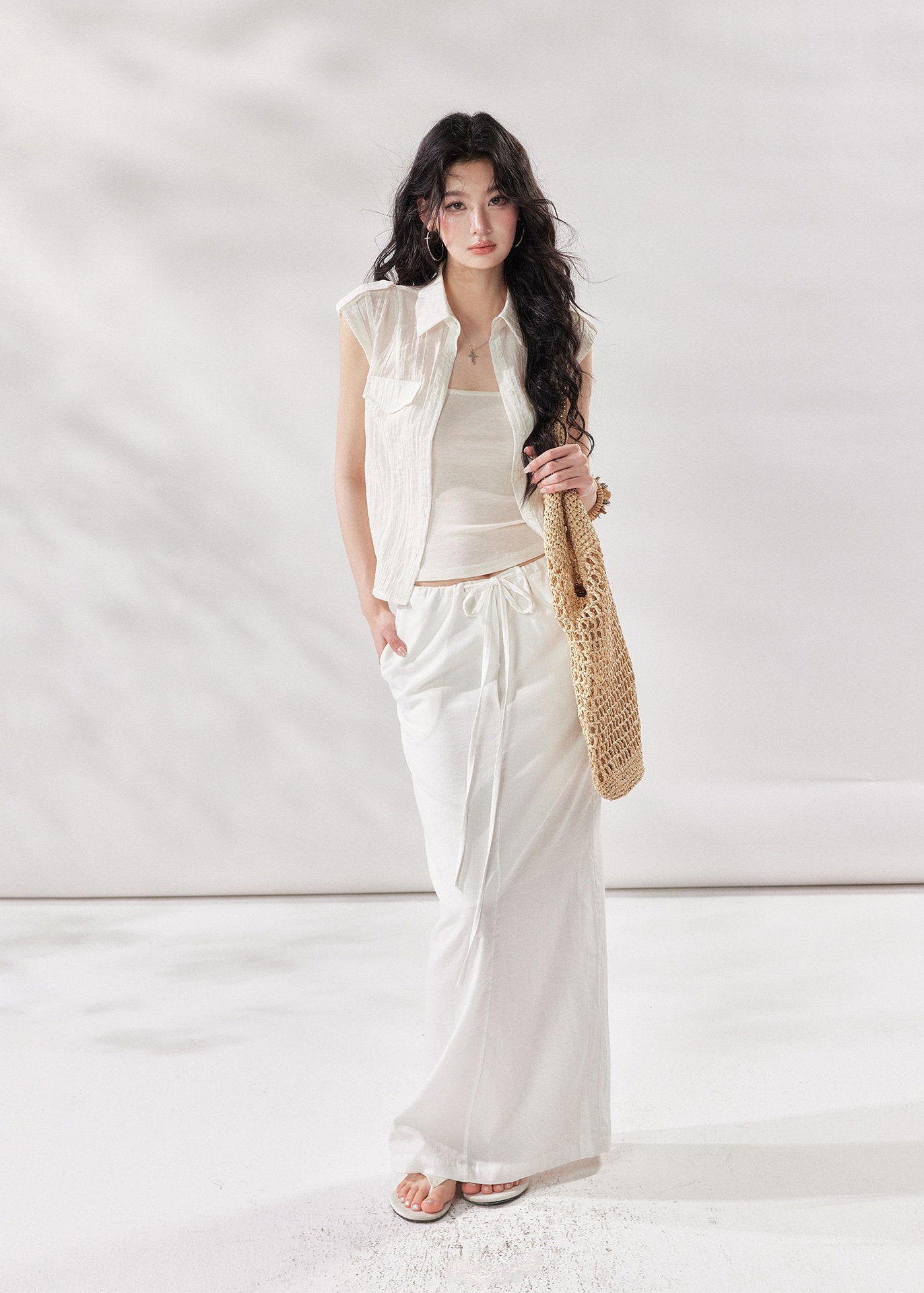 white linen skirt, high waist maxi skirt, drawstring skirt women, korean fashion skirt, long straight skirt, minimalist summer skirt, relaxed summer outfit, white maxi skirt women, linen blend skirt, vacation skirt outfit, casual elegant skirt, soft drape skirt