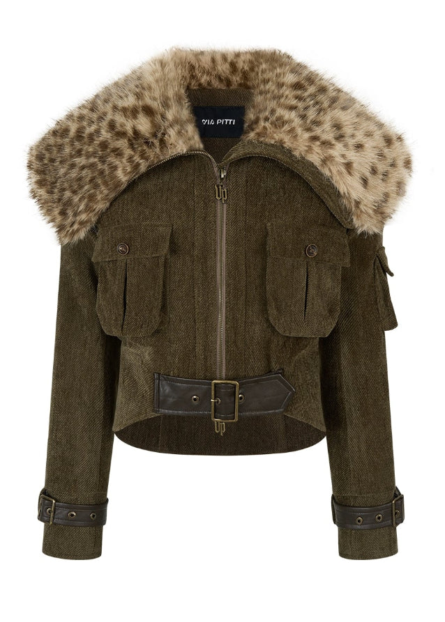 VIAPITTI fur collar jacket, leopard print winter coat, heavy industry streetwear, belted warm jacket, edgy Korean fashion, autumn winter outerwear, large fur collar coat, cargo pocket jacket, thickened warm top, luxury street fashion, K-fashion 2025, industrial chic coat, bold streetwear jacket, urban cold season outfit