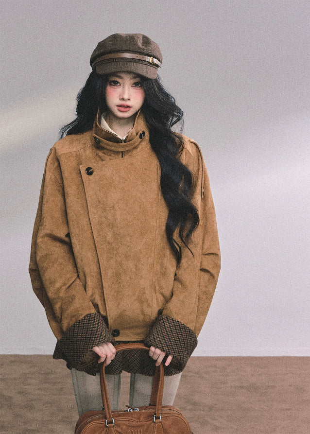 suede two piece set, suede jacket skirt set, warm suede jacket women, fur collar suede coat, hepburn style outfit, french suede outfit, autumn winter suede set, pleated skirt set women, korean fashion suede jacket, brown suede coat women, cozy winter two piece outfit, nom alm style set, vintage suede jacket outfit, warm plush collar jacket, high end suede fashion