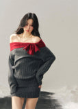 AOMALM sweater dress, off shoulder knit dress, one shoulder winter dress women, hip hugging knit dress, Korean aesthetic dress, feminine mini sweater dress, American style knit dress, winter slim dress women, cozy knit mini dress, contrast neckline dress, soft feminine winter outfit