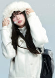 Fragileheart suede cropped coat, fur hooded jacket, luxury Korean fashion, quiet luxury outerwear, winter short coat, pastel noir aesthetic, elegant slim-fit jacket, K-fashion 2025, ivory and black coat, feminine winter outfit, soft suede outerwear, modern Korean fashion, stylish cropped jacket, warm winter coat