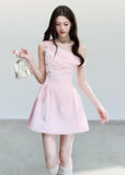 fragileheart dress, pink satin dress, one shoulder dress, asymmetrical dress, korean feminine dress, princess mini dress, blush party dress, waist cinching dress, elegant satin mini dress, romantic korean dress, soft pink occasion dress, heiress style dress