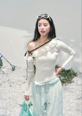 AOMALM asymmetric knit top, French romantic lace sweater, feminine off shoulder knitwear, Korean elegant spring top, quiet luxury womens knit, ruffle edge knit blouse, Parisian inspired knit top women, romantic Korean French aesthetic clothing, soft feminine spring sweater, delicate lace trim knit top, waist flattering ribbed knitwear, luxury romantic knit blouse, elegant feminine spring outfit, lightweight knit top women, poetic romantic sweater style, soft luxury womenswear knit