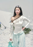 AOMALM asymmetric knit top, French romantic lace sweater, feminine off shoulder knitwear, Korean elegant spring top, quiet luxury womens knit, ruffle edge knit blouse, Parisian inspired knit top women, romantic Korean French aesthetic clothing, soft feminine spring sweater, delicate lace trim knit top, waist flattering ribbed knitwear, luxury romantic knit blouse, elegant feminine spring outfit, lightweight knit top women, poetic romantic sweater style, soft luxury womenswear knit
