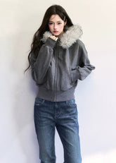 Fragile Heart fur collar hoodie, fluffy trim jacket, soft feminine winter hoodie, Korean girly zip-up coat, short cozy winter jacket, big fur collar sweatshirt, romantic warm hoodie, grey fluffy collar jacket, cute Korean outerwear, AW soft girl jackets, feminine winter hoodie coat