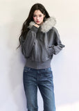 Fragile Heart fur collar hoodie, fluffy trim jacket, soft feminine winter hoodie, Korean girly zip-up coat, short cozy winter jacket, big fur collar sweatshirt, romantic warm hoodie, grey fluffy collar jacket, cute Korean outerwear, AW soft girl jackets, feminine winter hoodie coat