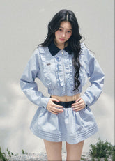 AOMALM collegiate two piece set, French romantic preppy outfit women, feminine ruffle shirt skirt set, Korean elegant spring twinset, quiet luxury romantic outfit, Parisian inspired collegiate fashion, delicate ruffle cropped shirt women, romantic Korean French aesthetic clothing, lightweight spring mini skirt set, refined feminine preppy outfit, soft luxury womenswear twinset, elegant British style two piece, luxury Korean designer inspired outfit