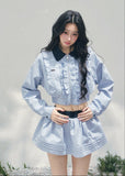 AOMALM collegiate two piece set, French romantic preppy outfit women, feminine ruffle shirt skirt set, Korean elegant spring twinset, quiet luxury romantic outfit, Parisian inspired collegiate fashion, delicate ruffle cropped shirt women, romantic Korean French aesthetic clothing, lightweight spring mini skirt set, refined feminine preppy outfit, soft luxury womenswear twinset, elegant British style two piece, luxury Korean designer inspired outfit