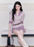 fragileheart set, purple plaid two piece set, korean academy outfit, plaid shirt skirt set, feminine korean fashion, campus style set, slim shirt top, plaid mini skirt set, soft girl outfit, korean preppy set, lavender plaid set, romantic collegiate outfit