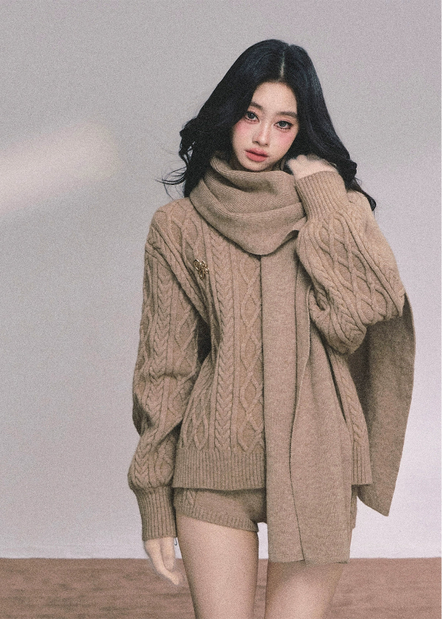 knit set, 3 piece knit set, cable knit sweater, cable knit shorts, knit scarf set, winter knit outfit, cozy knit loungewear, Korean style knit set, Korean fashion knitwear, oversized sweater set, fall winter knitwear, casual knit matching set, warm knitted outfit women, street style knit set, French chic knitwear, soft knit sweater, knit shorts outfit, scarf sweater set women, aesthetic knit outfit