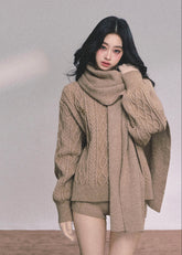 AOMALM knit set, Korean sweater set women, winter knit shorts set, college style knitwear, cable knit sweater women, feminine winter outfit, Korean cozy set, three piece knit set women, soft knit sweater winter, preppy Korean style outfit, winter lounge set women, scarf sweater set, cute winter knitwear, aesthetic Korean fashion, casual winter knit set