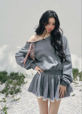 AOMALM slanted shoulder dress women, French romantic sweatshirt mini dress, feminine lace trim knit dress, Korean elegant casual spring dress, quiet luxury romantic outfit, Parisian inspired asymmetric knit dress, delicate lace hem mini dress, romantic Korean French aesthetic clothing, lightweight spring sweatshirt dress women, refined feminine casual dress, soft luxury womenswear knit dress, elegant sporty romantic outfit, luxury Korean designer inspired dress