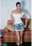 White Lace Tank & Denim Skirt Set with Waist Design