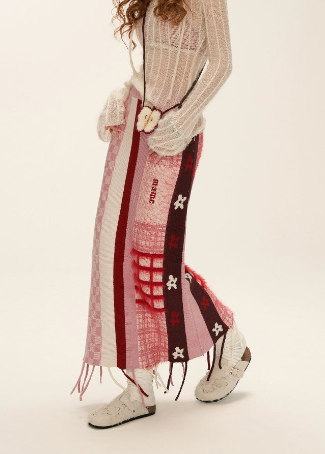 pink fringe plaid skirt, floral patchwork skirt women, spliced design slim mini skirt, niche autumn winter skirt 2025, korean street feminine style, romantic patch skirt women, cute core pink plaid skirt, slimming high end skirt women, nowa tokyo niche fashion skirt