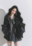 PU leather jacket, oversized moto jacket, black faux leather coat, Korean streetwear jacket, biker style jacket women, edgy autumn jacket, moto blouson top, trendy PU outerwear, hot girl street style, loose fit leather jacket, cool girl aesthetic jacket, Korean American fashion, fall leather jacket women, stylish biker coat, oversized motorcycle jacket