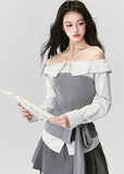 Fragileheart off-shoulder blouse, grey patchwork top, asymmetric layered shirt, luxury Korean fashion, elegant autumn outfit, quiet luxury style, pastel noir aesthetic, K-fashion 2025, structured feminine top, intellectual modern look, pre-fall womenswear, romantic Korean blouse, soft grey knit shirt, delicate tailored outfit