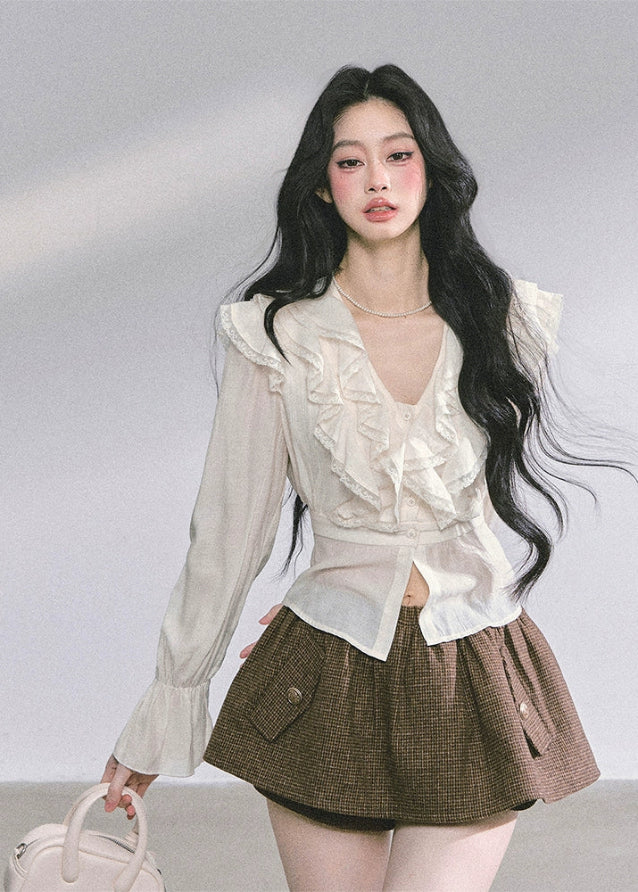 high end french blouse, lace ruffle top, v neck lace shirt, autumn korean fashion top, slimming ruffle blouse, elegant lace blouse women, korean romantic style shirt, vintage frill top women, chic feminine blouse, aesthetic korean outfit top