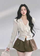 high end french blouse, lace ruffle top, v neck lace shirt, autumn korean fashion top, slimming ruffle blouse, elegant lace blouse women, korean romantic style shirt, vintage frill top women, chic feminine blouse, aesthetic korean outfit top
