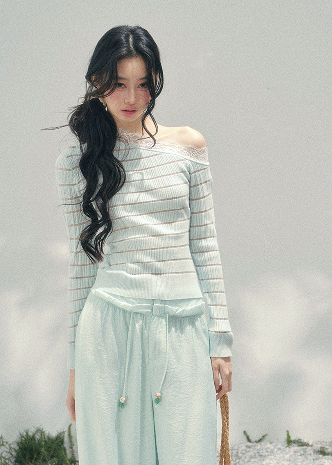 AOMALM asymmetric lace knit top, French romantic spring sweater, feminine slanted shoulder knitwear, Korean elegant lace blouse, quiet luxury womens knit, sheer lace long sleeve top, Parisian inspired romantic knit, delicate cutout spring top women, refined feminine Korean fashion, lightweight romantic knitwear, soft luxury womenswear knit, lace detail asymmetric sweater, elegant spring outfit knit, romantic Korean French aesthetic clothing, feminine layered knit top, poetic romantic spring fashion