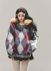 winter argyle sweater, Korean knit top, AOMALM sweater, women’s loose knit, autumn winter pullover, retro college sweater, oversized V-neck knit, diamond pattern sweater, warm winter top, Korean fashion 2025, preppy style sweater, soft knit pullover, cozy oversized sweater, streetwear knit top, feminine winter outfit, hot girl winter fashion, wool-like knit sweater, Korean argyle pullover, aesthetic winter top, cute winter sweaters for women