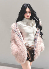 pink lambswool jacket, thickened padded coat women, hooded plush winter jacket, lambcore fluffy coat, korean winter pink jacket, soft girl winter coat, warm padded outerwear women, fw25 plush jacket, hooded lambswool top, pink fluffy winter jacket