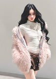 pink lambswool jacket, thickened padded coat women, hooded plush winter jacket, lambcore fluffy coat, korean winter pink jacket, soft girl winter coat, warm padded outerwear women, fw25 plush jacket, hooded lambswool top, pink fluffy winter jacket