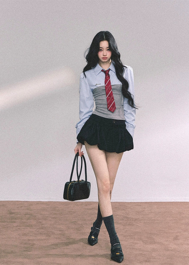 fake two piece college top, striped polo shirt women, knitted corset layer top, autumn preppy long sleeve, slimming academic shirt, fw25 school style top, american striped blouse, layered polo knit top, cinched waist striped shirt