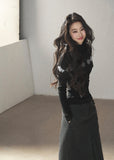 Black argyle shawl layered wool blend cardigan with diamond pattern