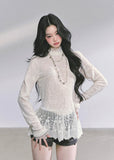 lace high neck top, ivory lace blouse, sheer lace peplum shirt, Korean lace aesthetic, French lace top, slim fit lace tee, hollow lace long sleeve, feminine lace blouse, elegant lace top women, autumn lace shirt, romantic lace fashion, soft girl lace top, Korean preppy lace style, delicate lace clothing, lace layering top