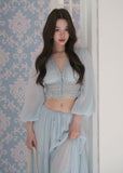 chiffon lace top, puff sleeve blouse, v neck summer top, Korean feminine top, French resort blouse, lace trim top, waist slimming blouse, cropped chiffon top, romantic summer blouse, beach vacation top, sunbathing style top, feminine Korean fashion, lightweight chiffon blouse, resort wear top, summer lace shirt