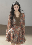 Floral chiffon mini dress with lace V-neck detail