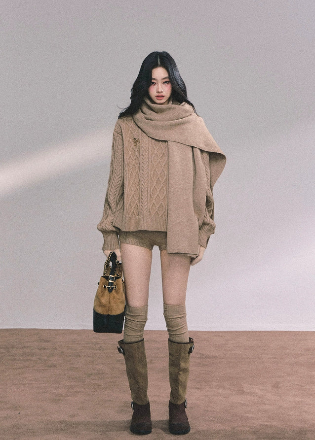 knit set, 3 piece knit set, cable knit sweater, cable knit shorts, knit scarf set, winter knit outfit, cozy knit loungewear, Korean style knit set, Korean fashion knitwear, oversized sweater set, fall winter knitwear, casual knit matching set, warm knitted outfit women, street style knit set, French chic knitwear, soft knit sweater, knit shorts outfit, scarf sweater set women, aesthetic knit outfit