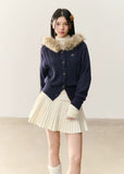 umoumo cardigan, fur collar cardigan, hooded knit sweater, Korean feminine style knit, soft girl cardigan, fluffy collar sweater, winter warm cardigan, cable knit fur trim, cute Korean cardigan, aesthetic winter outfit, cozy knitwear women, warm hooded sweater, Korean fashion cardigan, faux fur hood knit, winter Korean style top
