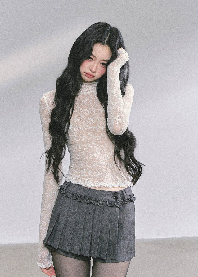 lace high neck top, sheer lace turtleneck, ballet core lace shirt, Korean lace slim top, transparent mesh long sleeve, floral lace blouse women, autumn lace base layer, elegant French lace top, sexy lace see-through shirt, ballet style long sleeve, Korean American fashion top, slim fit lace tee, feminine lace layering top, boutique lace turtleneck