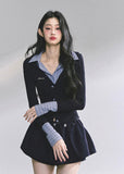 korean two tone knit top, fake two piece long sleeve top women, striped collar slim fit shirt, korean preppy fashion top, hot girl autumn outfit, seoul fashion knitwear, korean streetwear blouse, elegant korean knit top, office chic korean outfit, fall fashion women tops, french korean aesthetic outfit, preppy collar knit shirt, modern kfashion top women, slim waist knit top, korean girl fashion autumn