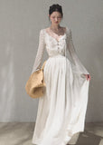 oakmoo dress, resort maxi dress, cut out waist dress, lyocell linen dress, lace sleeve maxi dress, elegant summer dress, feminine resort dress, ivory maxi dress, romantic vacation dress, long sleeve summer dress, refined resort outfit, french inspired dress