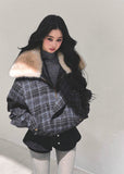 plaid fur collar jacket women, hepburn style winter coat, vintage plaid thick jacket, winter loose plaid top, korean fur collar coat, fw25 plaid outerwear, elegant winter jacket women, thick warm plaid coat, retro style winter jacket