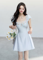 fragileheart dress, blue embroidered dress, lace mini dress, korean feminine dress, sweet summer dress, resort style dress, daisy embroidered dress, soft blue mini dress, feminine korean fashion, summer date dress, floral lace dress, romantic mini dress
